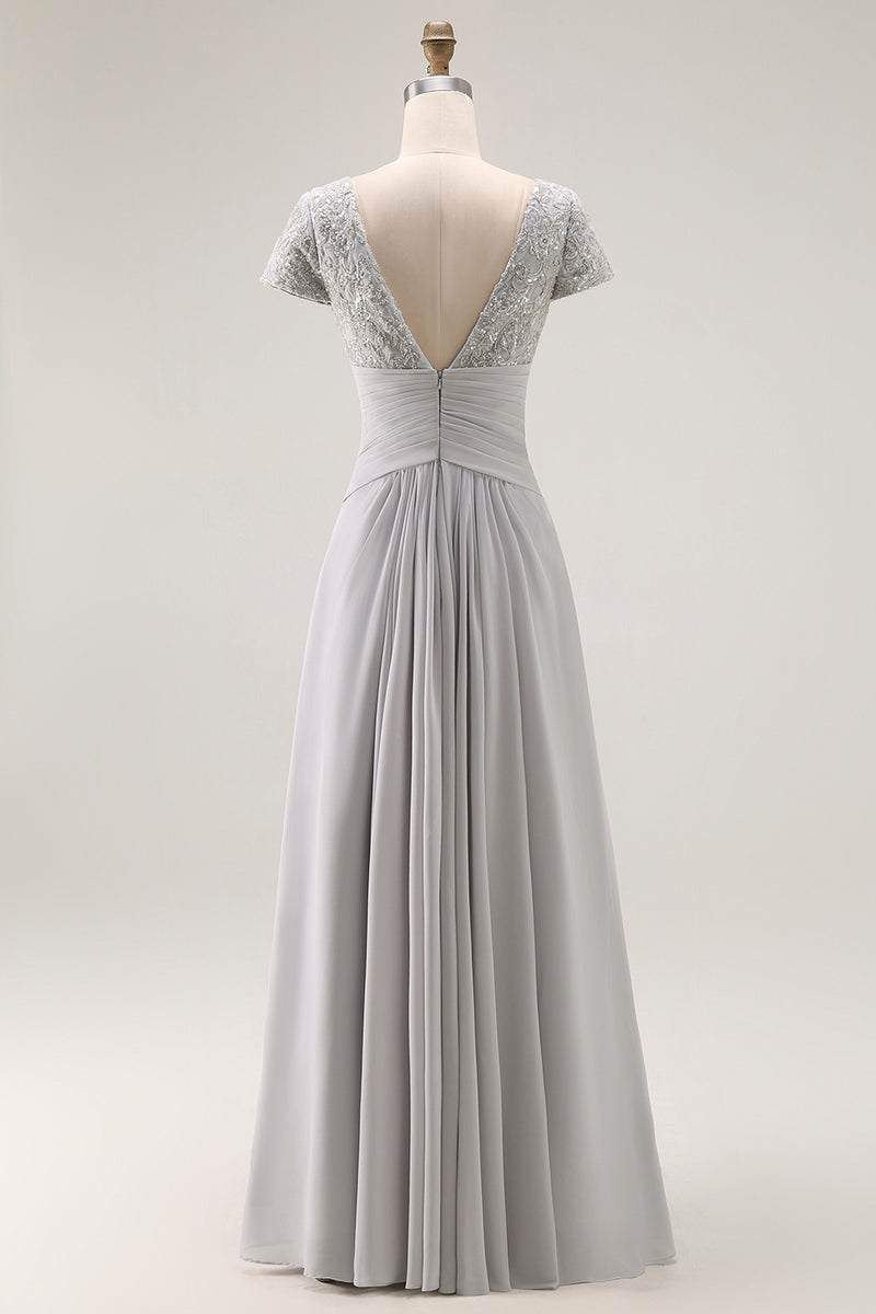 Load image into Gallery viewer, Silver Chiffon A Line Maxi Mother of the Bride Dress with Appliques