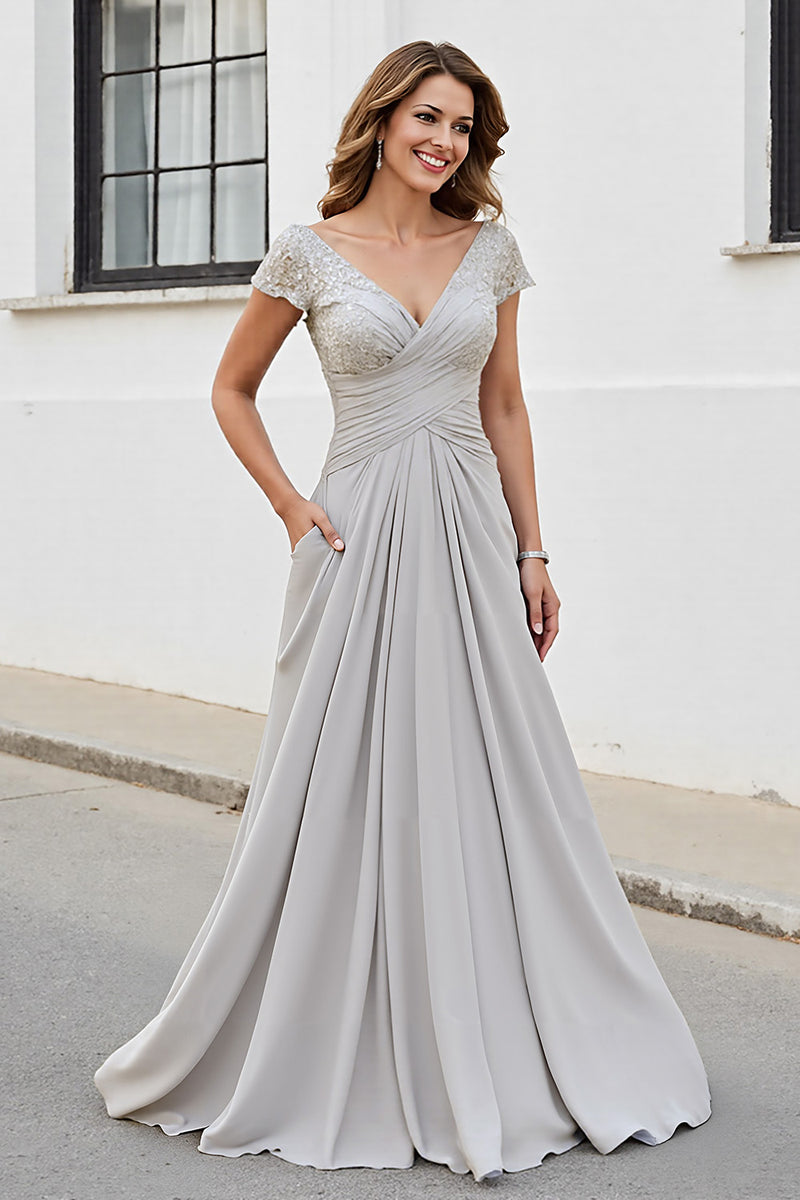 Load image into Gallery viewer, Silver Chiffon A Line Maxi Mother of the Bride Dress with Appliques