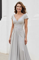 Load image into Gallery viewer, Silver Chiffon A Line Maxi Mother of the Bride Dress with Appliques