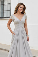 Load image into Gallery viewer, Silver Chiffon A Line Maxi Mother of the Bride Dress with Appliques