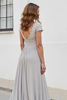 Load image into Gallery viewer, Silver Chiffon A Line Maxi Mother of the Bride Dress with Appliques