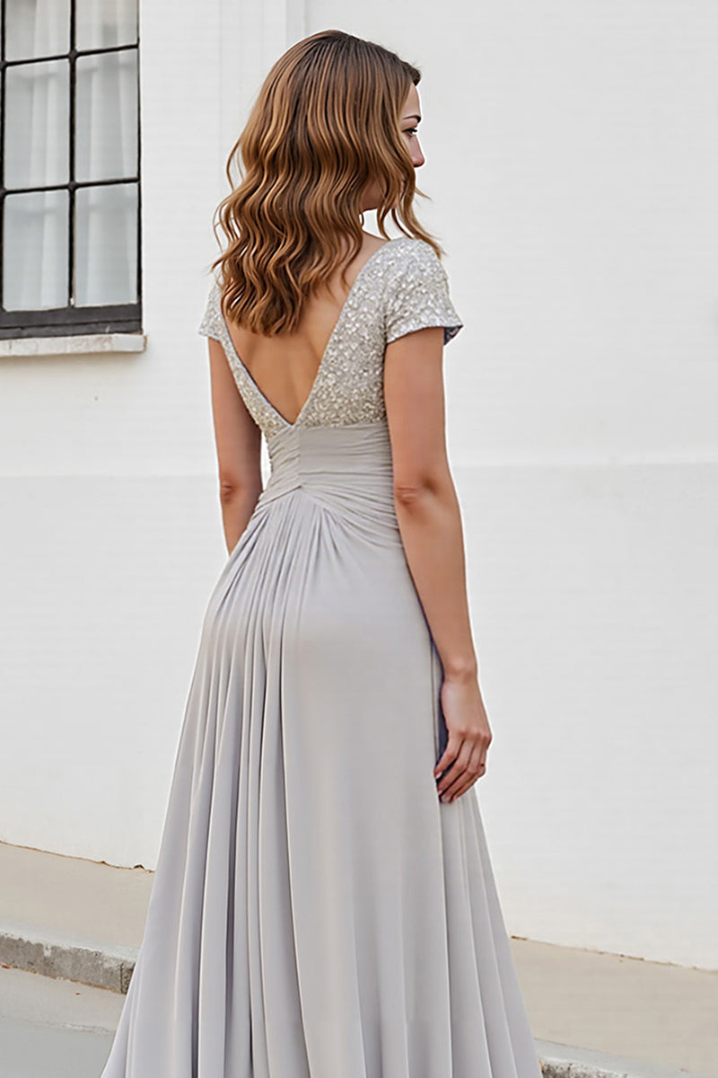 Load image into Gallery viewer, Silver Chiffon A Line Maxi Mother of the Bride Dress with Appliques
