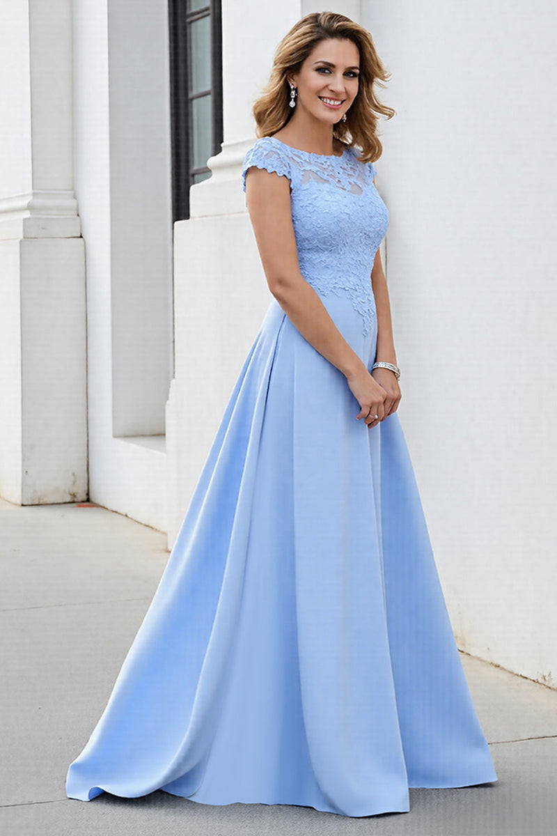 Load image into Gallery viewer, Sky Blue Satin Maxi Mother of the Bride Dress with Lace