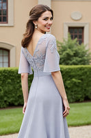 Load image into Gallery viewer, Silver A Line Chiffon Maxi Mother of the Bride Dress with Lace