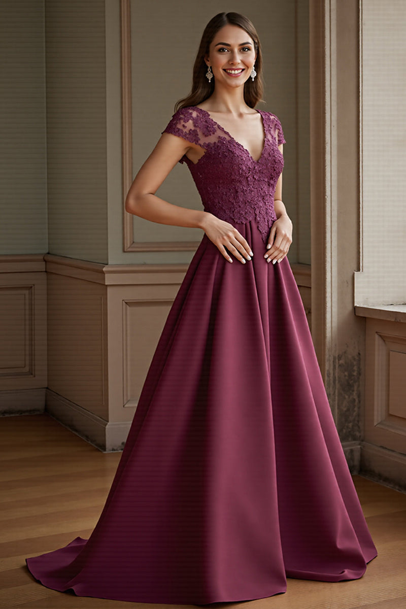 Load image into Gallery viewer, Lilac Satin A Line Maxi Mother of the Bride Dress with Lace