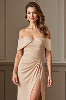Load image into Gallery viewer, Apricot Sheath Satin Maxi Mother of the Bride Dress with Slit