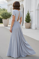 Load image into Gallery viewer, Silver A Line Chiffon V-Neck Maxi Mother of the Bride Dress