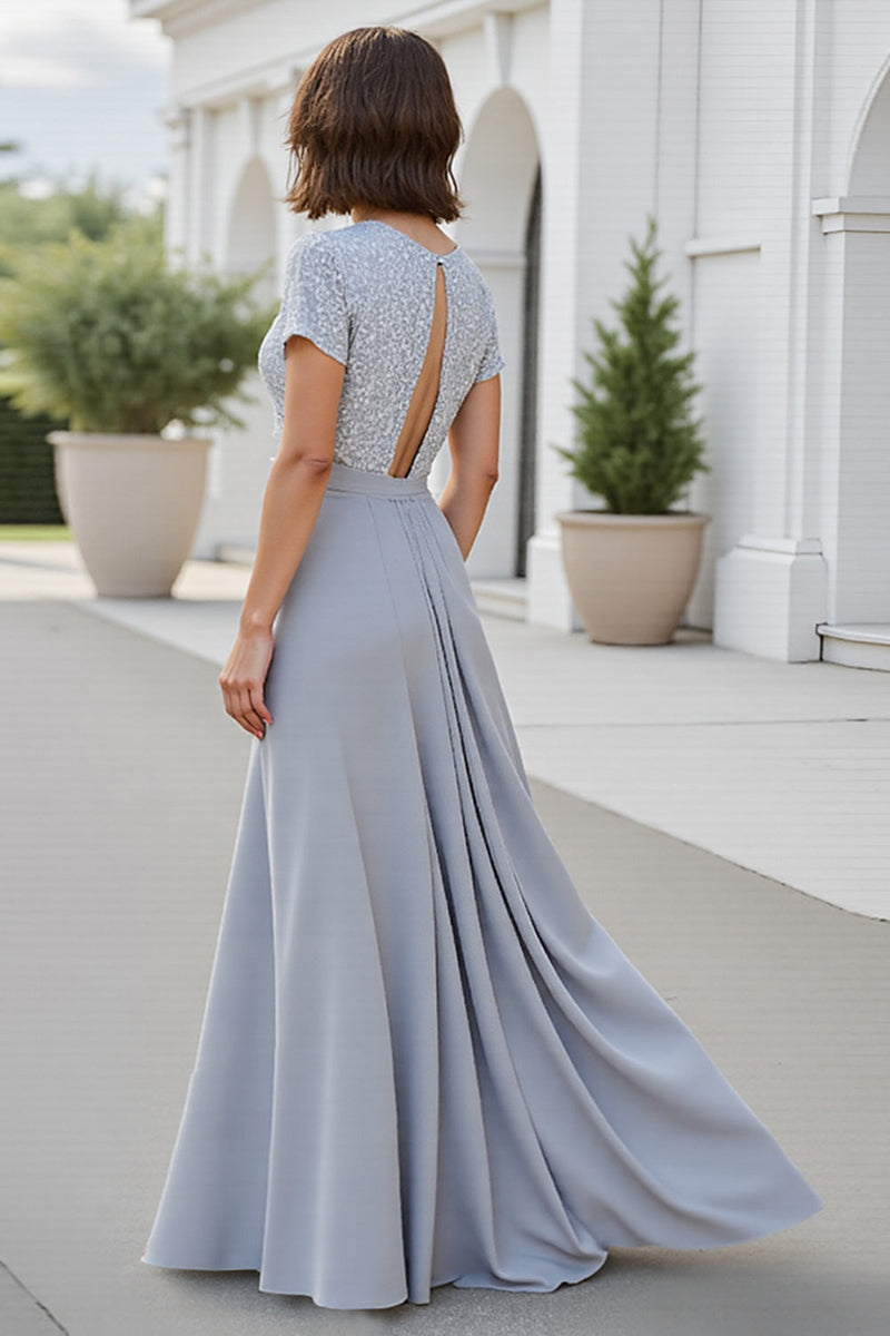 Load image into Gallery viewer, Silver A Line Chiffon V-Neck Maxi Mother of the Bride Dress