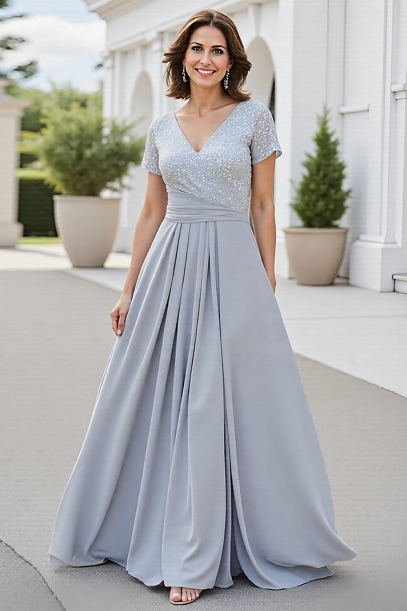 Load image into Gallery viewer, Silver A Line Chiffon V-Neck Maxi Mother of the Bride Dress