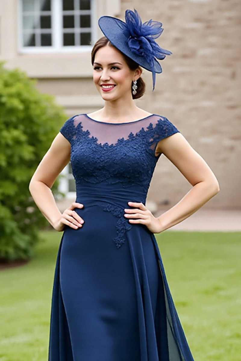 Load image into Gallery viewer, Navy A Line Chiffon Maxi Mother of the Bride Dress with Lace