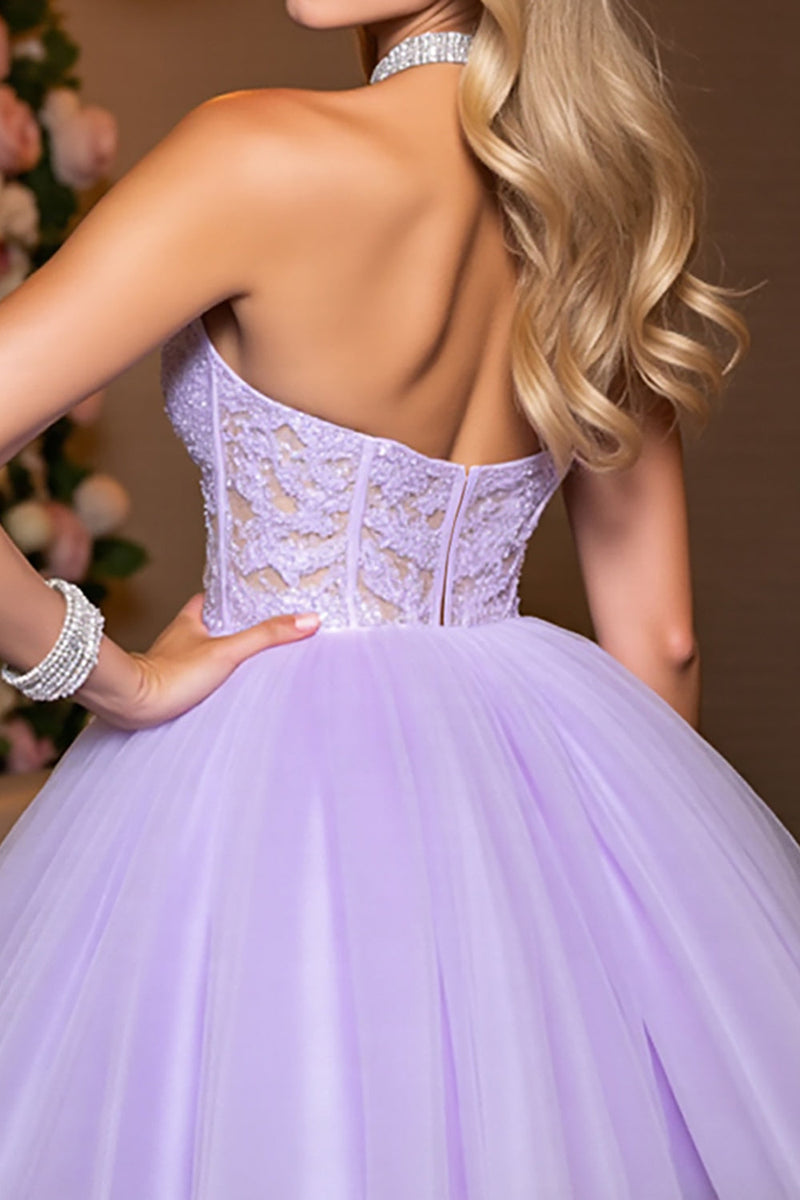 Load image into Gallery viewer, Lilac Tulle A Line Corset Halter Short Prom Dress