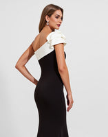 Load image into Gallery viewer, Black Satin One Shoulder Long Mermaid Formal Dress with Ruffles