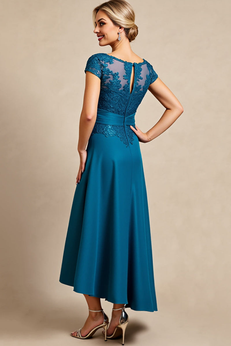 Load image into Gallery viewer, Peacock Blue Satin A Line Mother of the Bride Dress with Lace