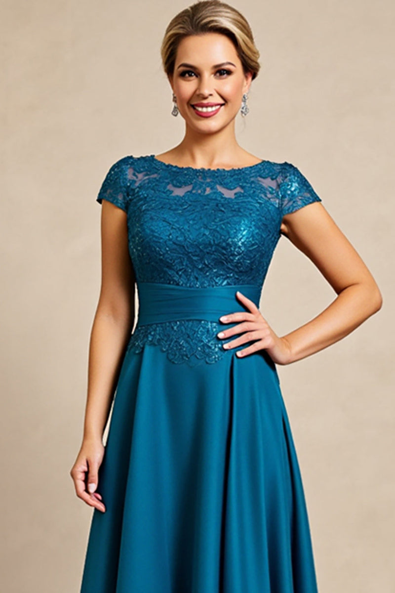 Load image into Gallery viewer, Peacock Blue Satin A Line Mother of the Bride Dress with Lace