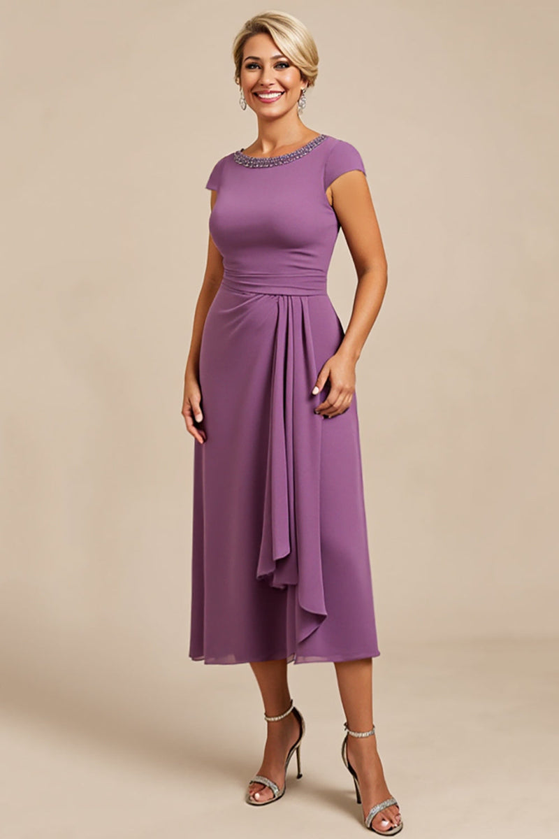 Load image into Gallery viewer, Purple Satin Sheath Long Mother of the Bride Dress with Appliques