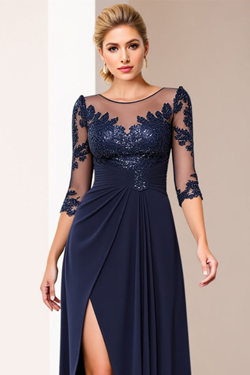 Load image into Gallery viewer, Navy Satin Sheath Long Mother of the Bride Dress with Lace