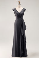 Load image into Gallery viewer, Steel Grey Sheath V Neck Mother of the Bride Dress with Ruffles