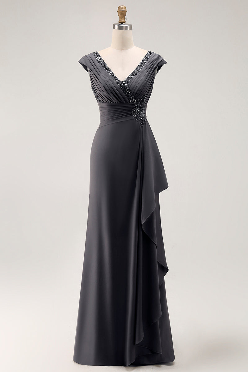 Load image into Gallery viewer, Steel Grey Sheath V Neck Mother of the Bride Dress with Ruffles