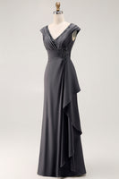 Load image into Gallery viewer, Steel Grey V Neck Sheath Mother of the Bride Dress with Ruffles