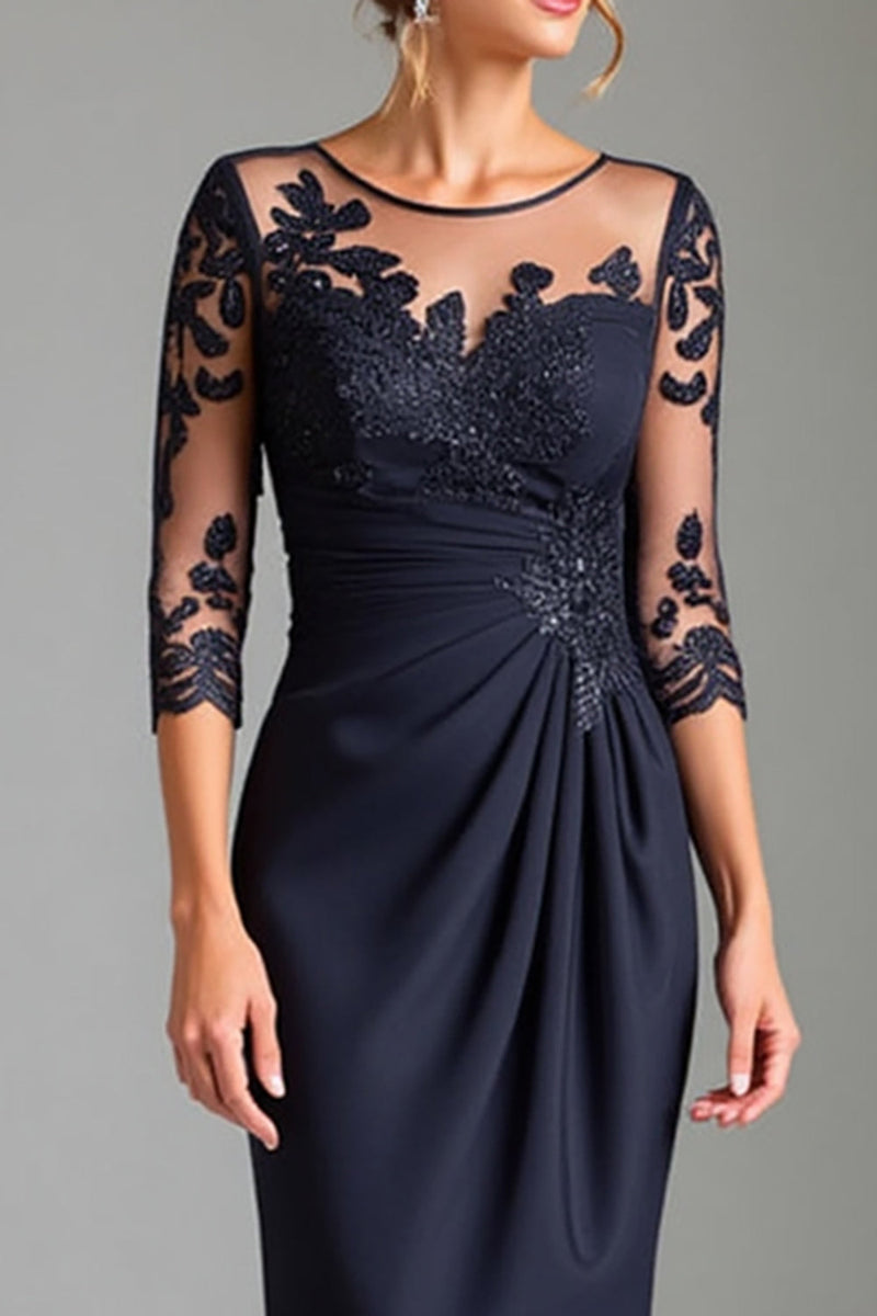 Load image into Gallery viewer, Navy Satin Sheath Illusion Neck Mother of the Bride Dress with Lace