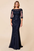 Load image into Gallery viewer, Navy Lace Mermaid Boat Neck Mother of the Bride Dress