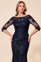 Load image into Gallery viewer, Navy Lace Mermaid Boat Neck Mother of the Bride Dress