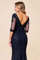 Load image into Gallery viewer, Navy Lace Mermaid Boat Neck Mother of the Bride Dress