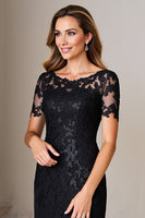 Load image into Gallery viewer, Black Satin Sheath Round Neck Mother of the Bride Dress with Slit
