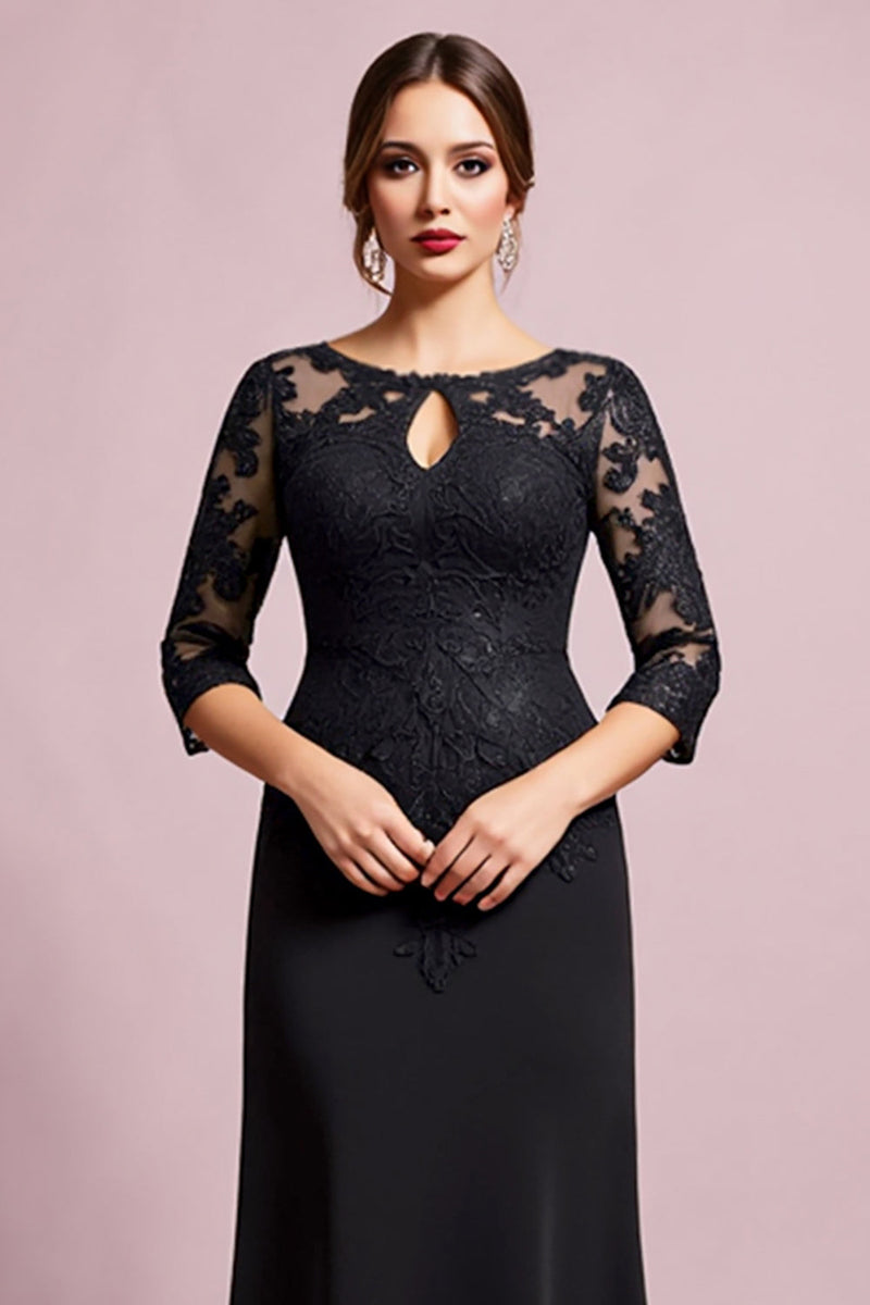 Load image into Gallery viewer, Black Satin Sheath Round Neck Mother of the Bride Dress with Lace