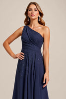 Load image into Gallery viewer, Navy Satin A Line One Shoulder Mother of the Bride Dress with Lace