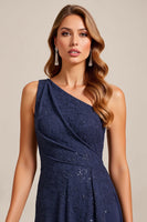 Load image into Gallery viewer, Navy Satin A Line One Shoulder Mother of the Bride Dress with Lace
