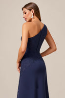 Load image into Gallery viewer, Navy Satin A Line One Shoulder Mother of the Bride Dress with Lace