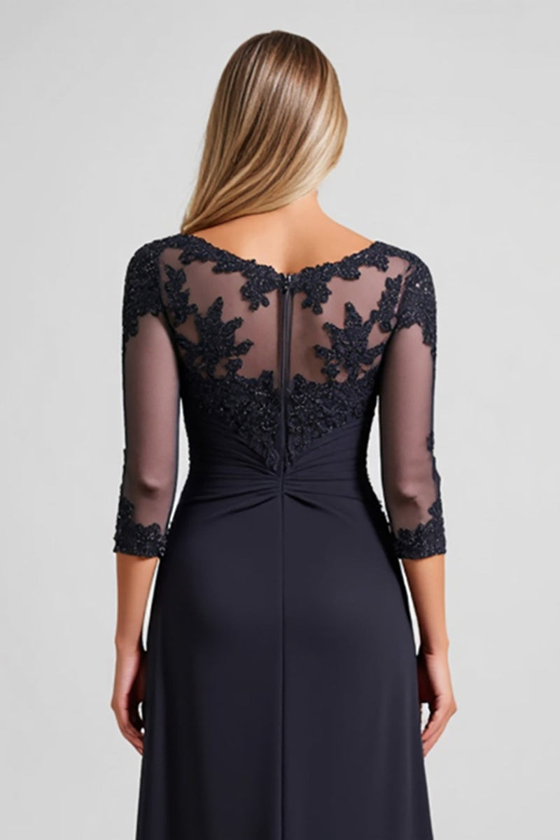 Load image into Gallery viewer, Navy Chiffon A Line Boat Neck Mother of the Bride Dress with Lace