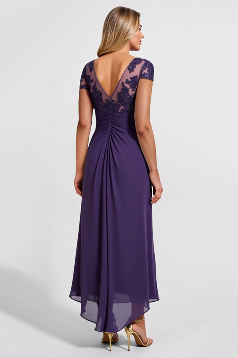 Load image into Gallery viewer, Purple Satin Sheath Asymmetrical Mother of the Bride Dress with Lace
