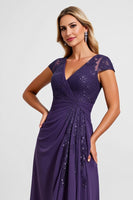 Load image into Gallery viewer, Purple Satin Sheath Asymmetrical Mother of the Bride Dress with Lace