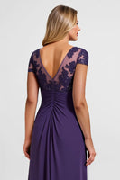 Load image into Gallery viewer, Purple Satin Sheath Asymmetrical Mother of the Bride Dress with Lace