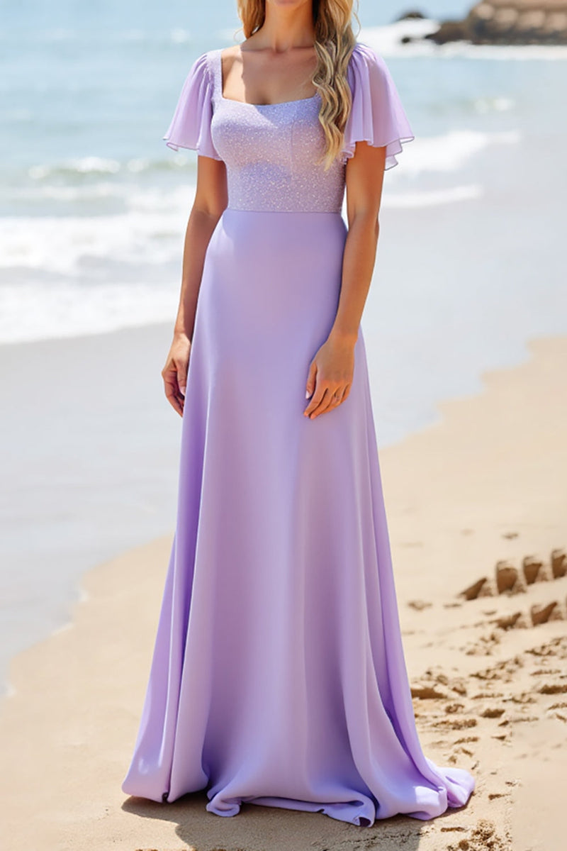Queendancer Women Lilac Satin Maxi Bridesmaid Dress with Beading Square  Neck Flutter Sleeves A Line Wedding Guest Dress – queendanceruk