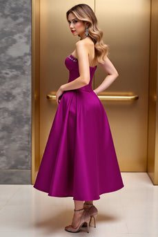 Fuchsia Corset A Line Satin Midi Cocktail Dress with Beading