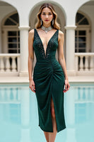 Load image into Gallery viewer, Pine Satin V Neck Beaded Midi Bodycon Prom Dress with Slit