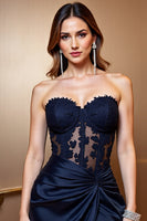 Load image into Gallery viewer, Navy Bodycon Satin Sweetheart Short Prom Dress with Appliques