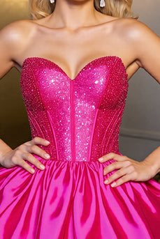 Sparkly Fuchsia Satin Strapless Short Corset Prom Dress