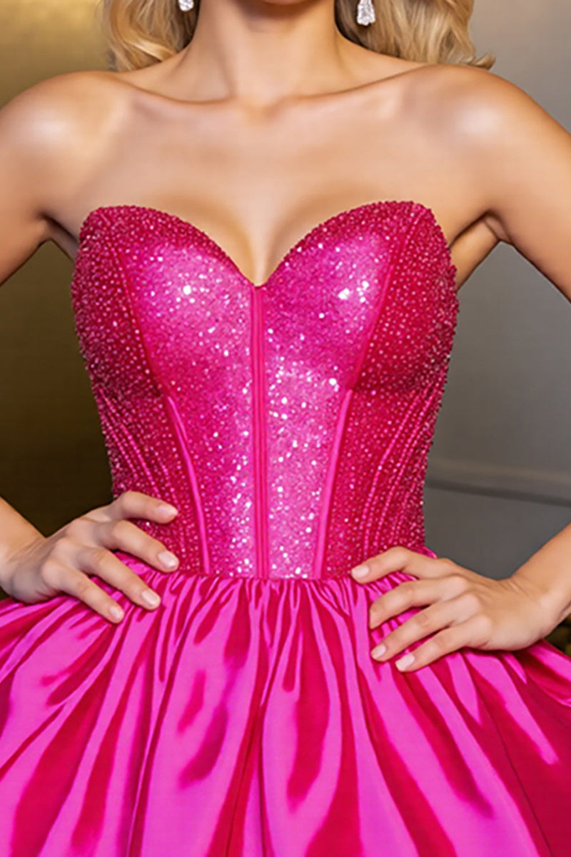 Load image into Gallery viewer, Sparkly Fuchsia Satin Strapless Short Corset Prom Dress