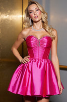 Load image into Gallery viewer, Fuchsia A Line Satin Strapless Short Corset Prom Dress