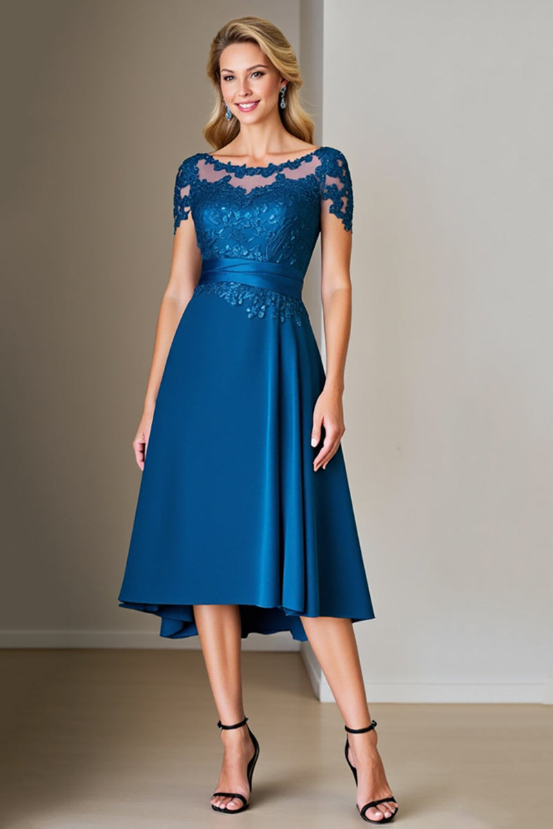 Load image into Gallery viewer, Peacock Blue Satin Midi A Line Mother of the Bride Dress with Lace