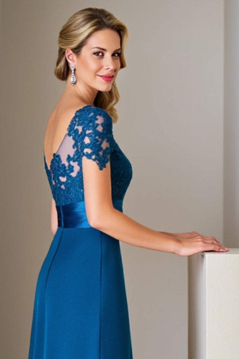 Load image into Gallery viewer, Peacock Blue Satin Midi A Line Mother of the Bride Dress with Lace