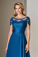 Load image into Gallery viewer, Peacock Blue Satin Midi A Line Mother of the Bride Dress with Lace