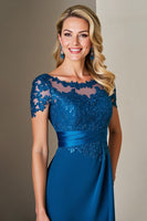 Load image into Gallery viewer, Peacock Blue Satin Midi A Line Mother of the Bride Dress with Lace