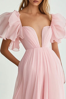 Pink V-Neck A Line Long Formal Dress with Ruffles