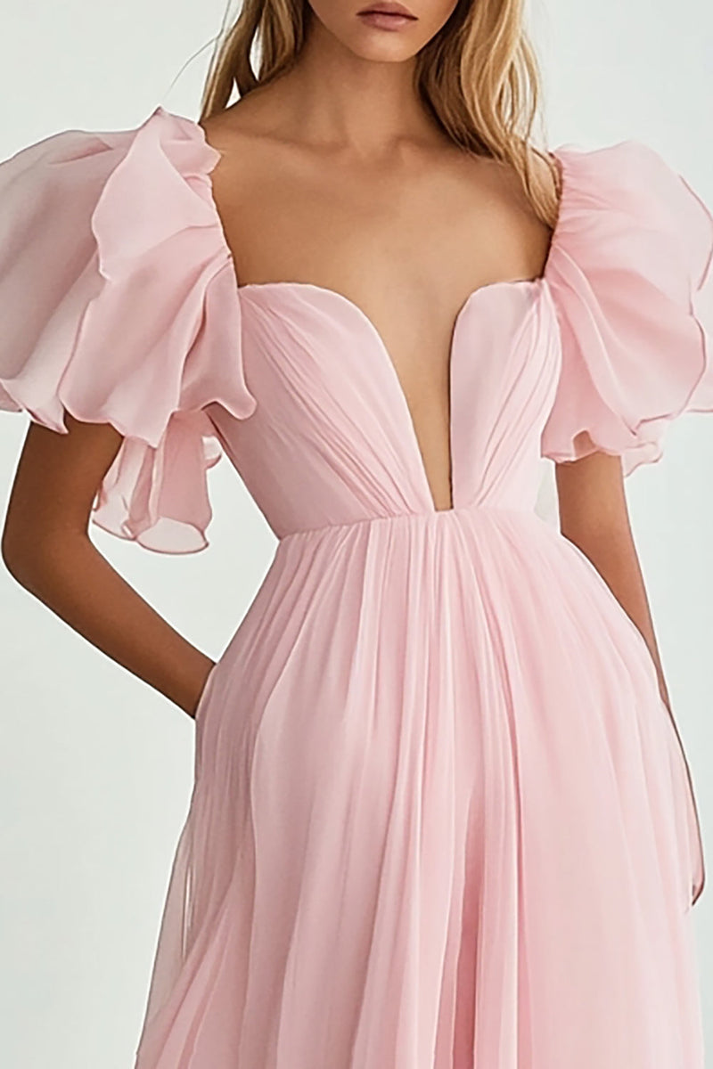 Load image into Gallery viewer, Pink V-Neck A Line Long Formal Dress with Ruffles