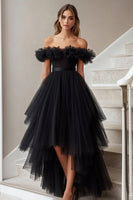 Load image into Gallery viewer, Black Off the Shoulder A Line High-Low Formal Dress